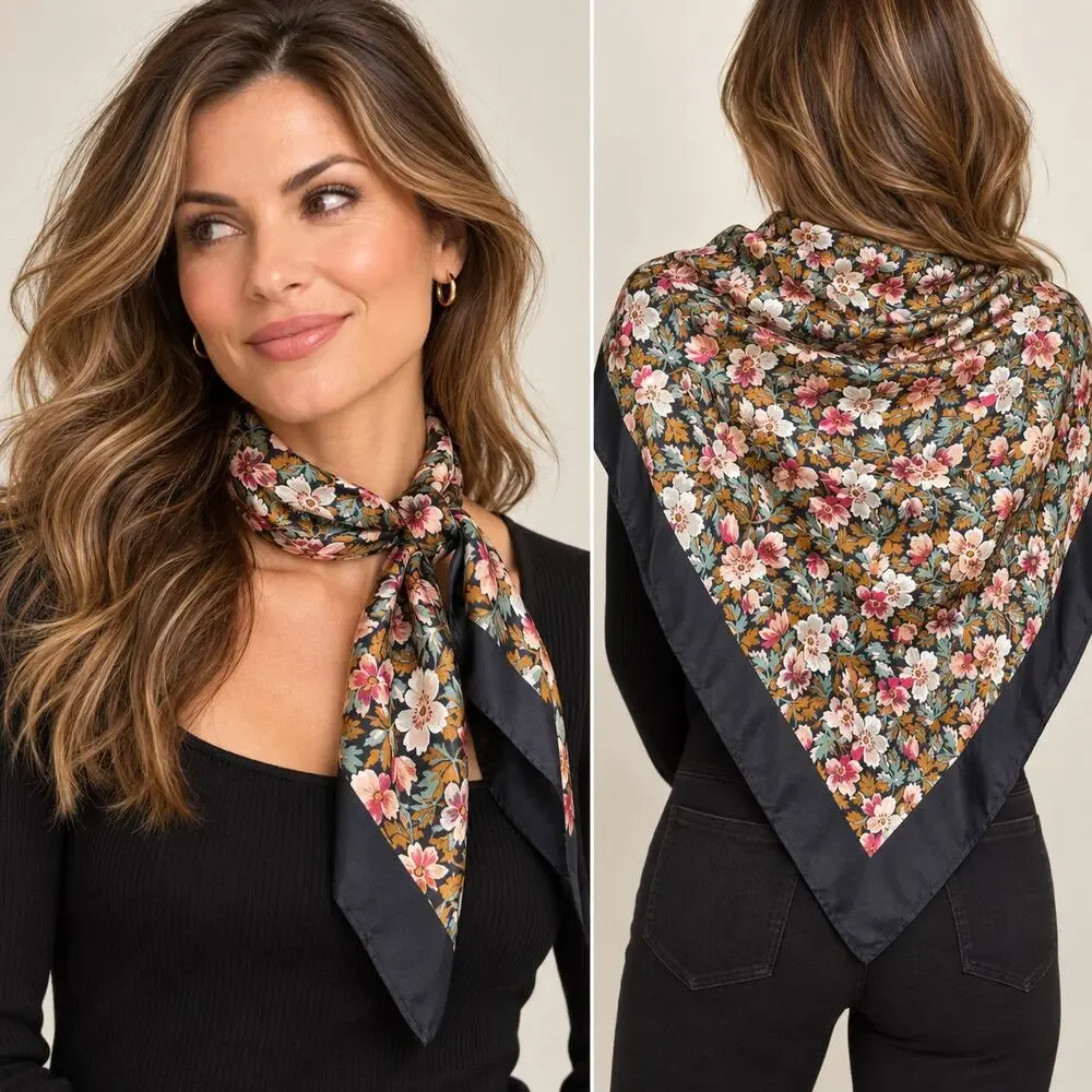 Club 7 Echo 100% Silk Floral Scarf Large Square Black Pink Teal Botanical 30
